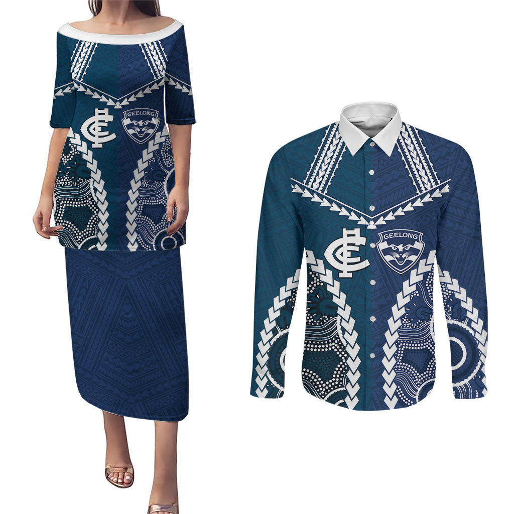 Custom Football Cats and Blues Couples Matching Puletasi and Long Sleeve Button Shirt 2026 Together Aboriginal Polynesian Pattern
