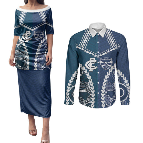 Custom Football Cats and Blues Couples Matching Puletasi and Long Sleeve Button Shirt 2026 Together Aboriginal Polynesian Pattern
