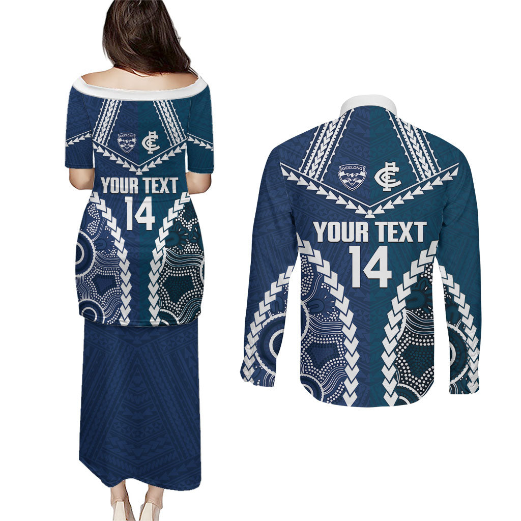 Custom Football Cats and Blues Couples Matching Puletasi and Long Sleeve Button Shirt 2026 Together Aboriginal Polynesian Pattern