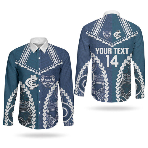 Custom Football Cats and Blues Couples Matching Puletasi and Long Sleeve Button Shirt 2026 Together Aboriginal Polynesian Pattern