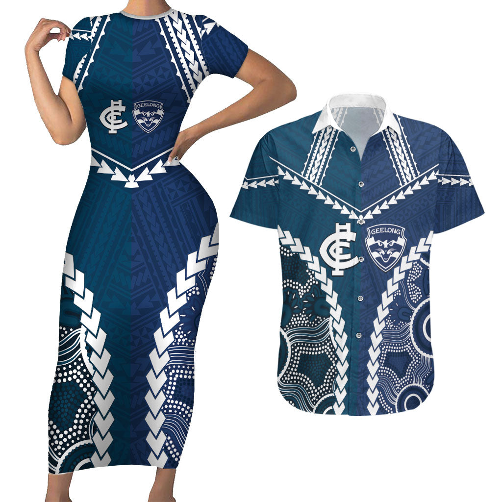 Custom Football Cats and Blues Couples Matching Short Sleeve Bodycon Dress and Hawaiian Shirt 2026 Together Aboriginal Polynesian Pattern