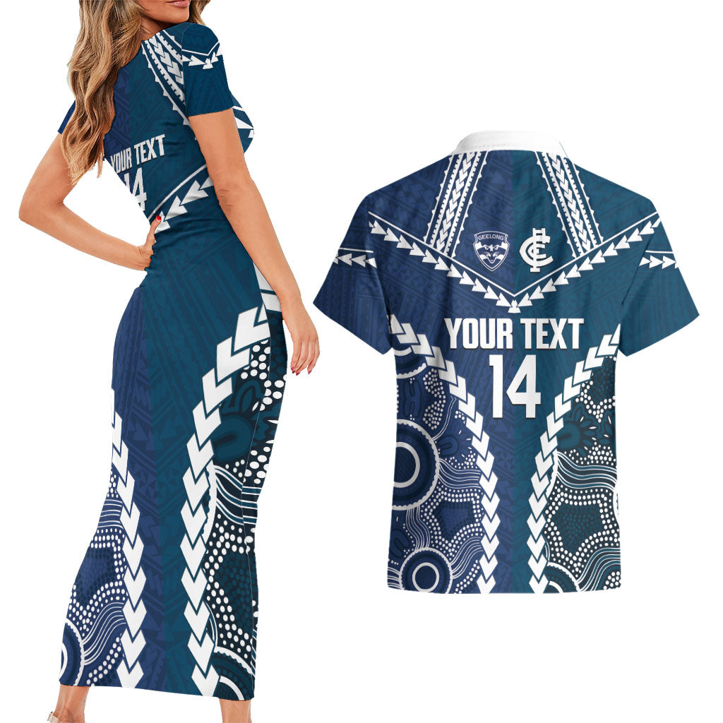 Custom Football Cats and Blues Couples Matching Short Sleeve Bodycon Dress and Hawaiian Shirt 2026 Together Aboriginal Polynesian Pattern