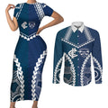 Custom Football Cats and Blues Couples Matching Short Sleeve Bodycon Dress and Long Sleeve Button Shirt 2026 Together Aboriginal Polynesian Pattern