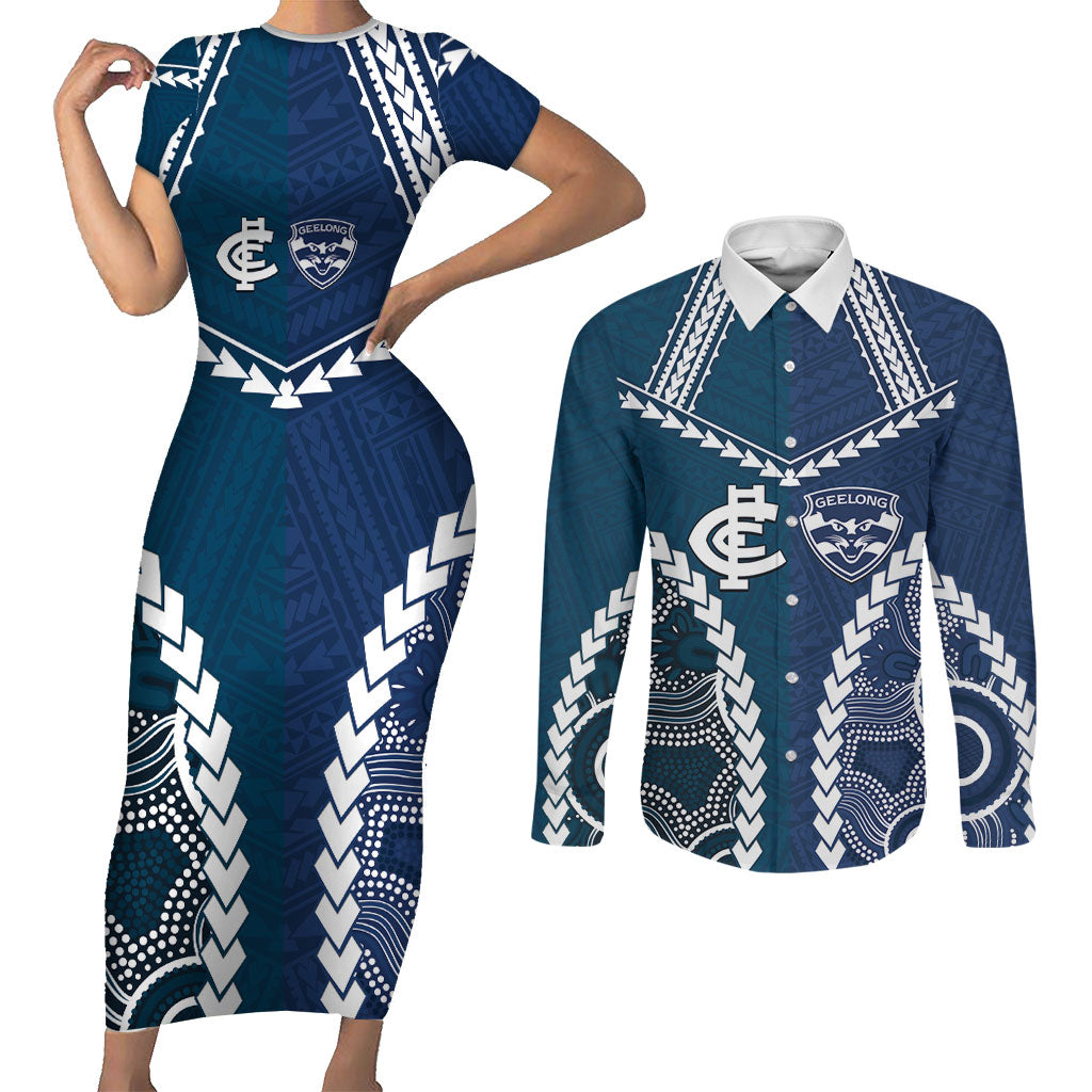 Custom Football Cats and Blues Couples Matching Short Sleeve Bodycon Dress and Long Sleeve Button Shirt 2026 Together Aboriginal Polynesian Pattern
