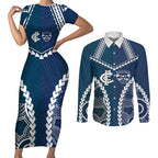 Custom Football Cats and Blues Couples Matching Short Sleeve Bodycon Dress and Long Sleeve Button Shirt 2026 Together Aboriginal Polynesian Pattern