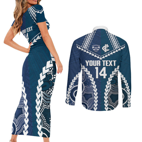 Custom Football Cats and Blues Couples Matching Short Sleeve Bodycon Dress and Long Sleeve Button Shirt 2026 Together Aboriginal Polynesian Pattern