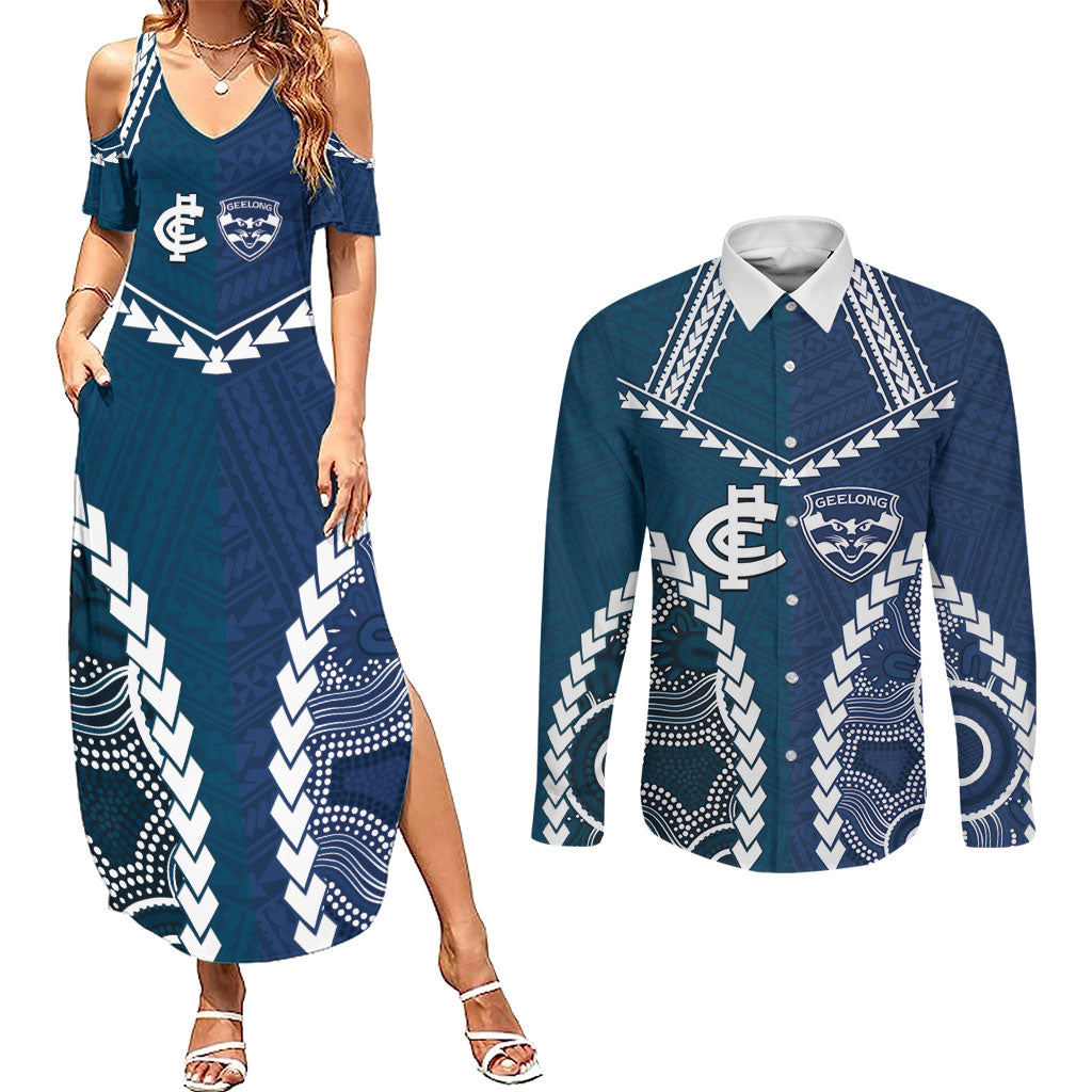 Custom Football Cats and Blues Couples Matching Summer Maxi Dress and Long Sleeve Button Shirt 2026 Together Aboriginal Polynesian Pattern