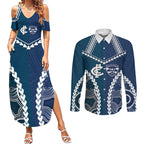 Custom Football Cats and Blues Couples Matching Summer Maxi Dress and Long Sleeve Button Shirt 2026 Together Aboriginal Polynesian Pattern