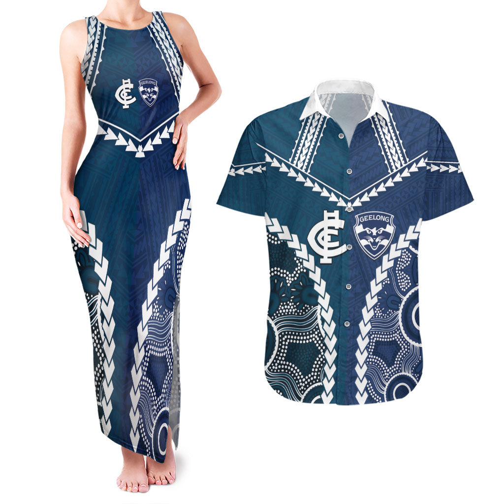 Custom Football Cats and Blues Couples Matching Tank Maxi Dress and Hawaiian Shirt 2026 Together Aboriginal Polynesian Pattern