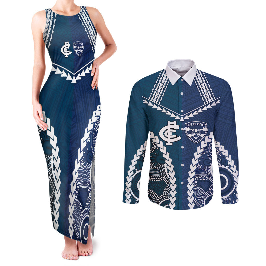 Custom Football Cats and Blues Couples Matching Tank Maxi Dress and Long Sleeve Button Shirt 2026 Together Aboriginal Polynesian Pattern