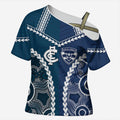 Custom Football Cats and Blues Cross Shoulder Shirt 2026 Together Aboriginal Polynesian Pattern