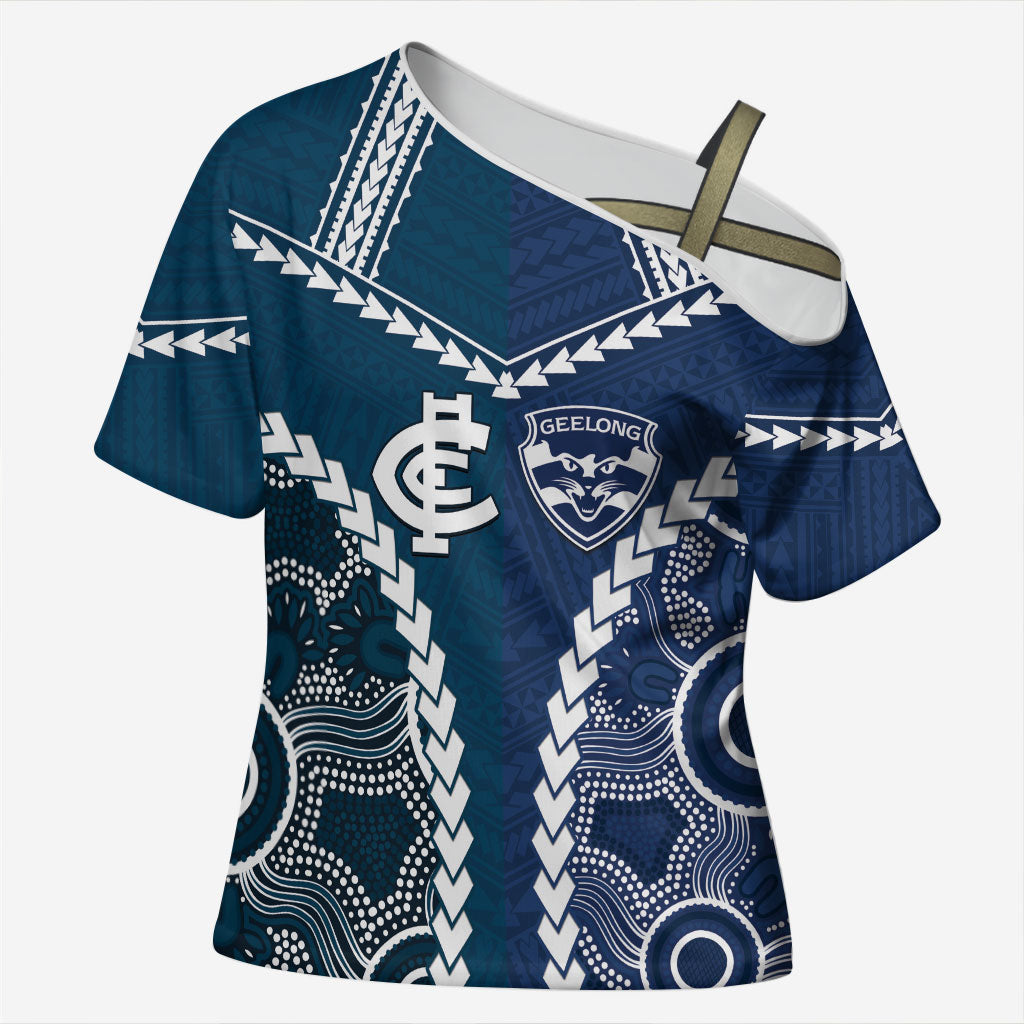 Custom Football Cats and Blues Cross Shoulder Shirt 2026 Together Aboriginal Polynesian Pattern