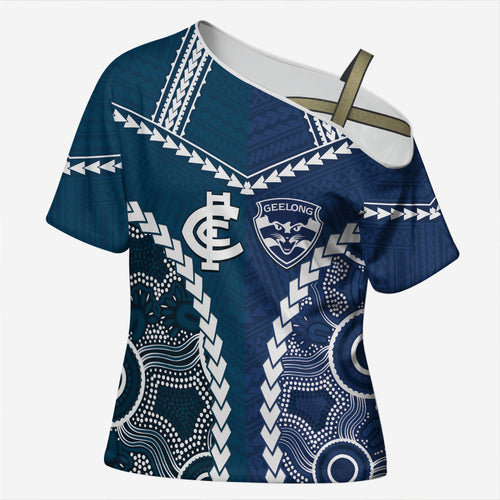 Custom Football Cats and Blues Cross Shoulder Shirt 2026 Together Aboriginal Polynesian Pattern