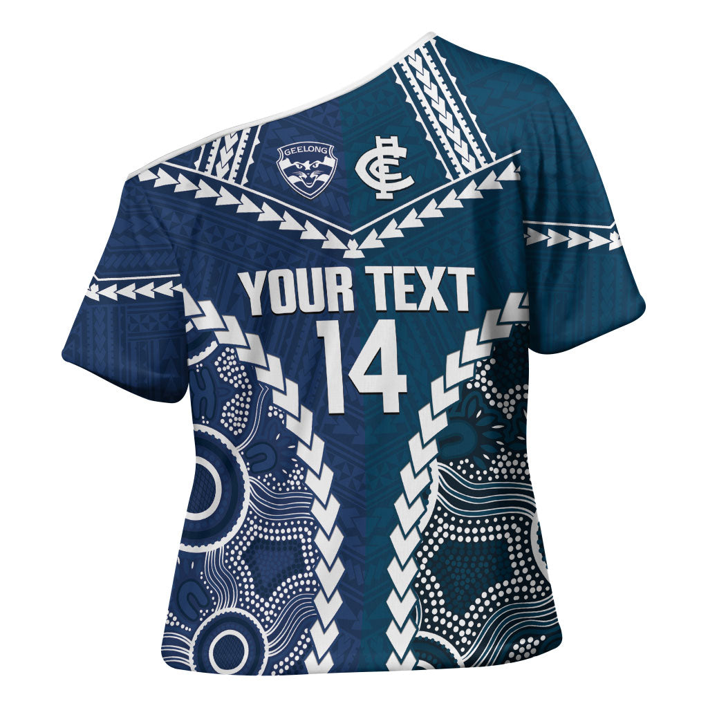 Custom Football Cats and Blues Cross Shoulder Shirt 2026 Together Aboriginal Polynesian Pattern