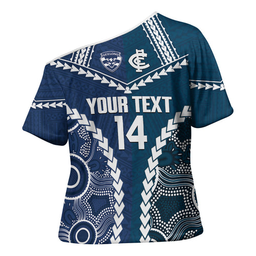 Custom Football Cats and Blues Cross Shoulder Shirt 2026 Together Aboriginal Polynesian Pattern