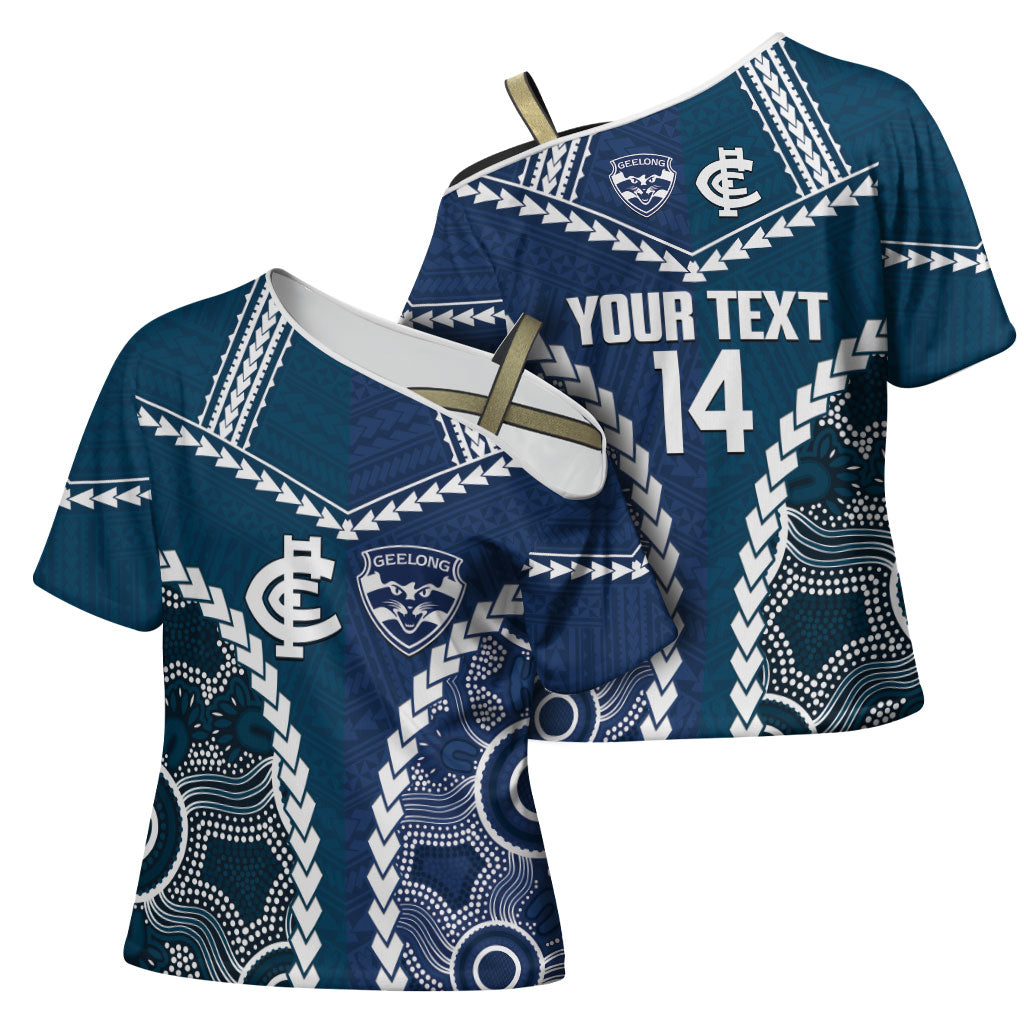 Custom Football Cats and Blues Cross Shoulder Shirt 2026 Together Aboriginal Polynesian Pattern