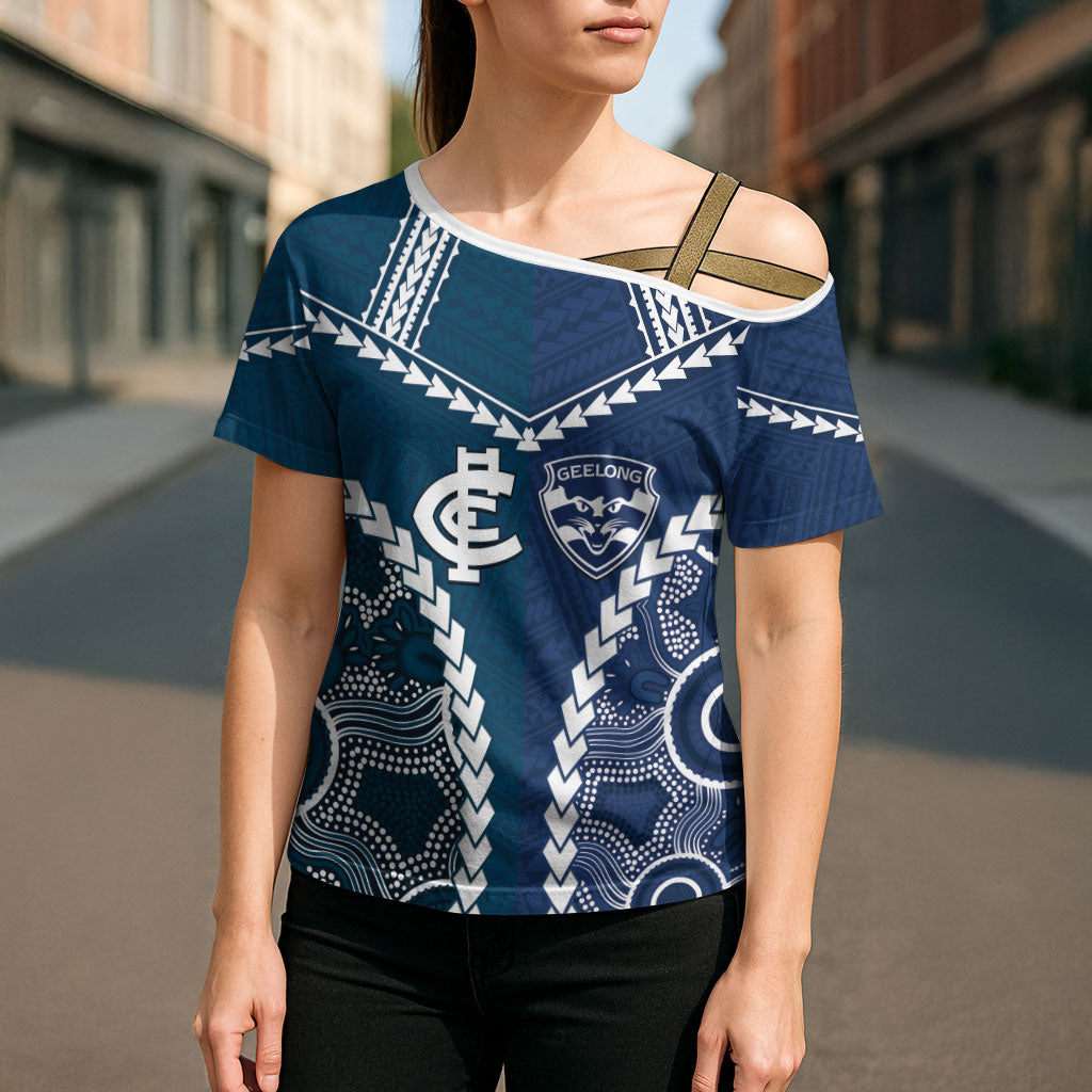 Custom Football Cats and Blues Cross Shoulder Shirt 2026 Together Aboriginal Polynesian Pattern