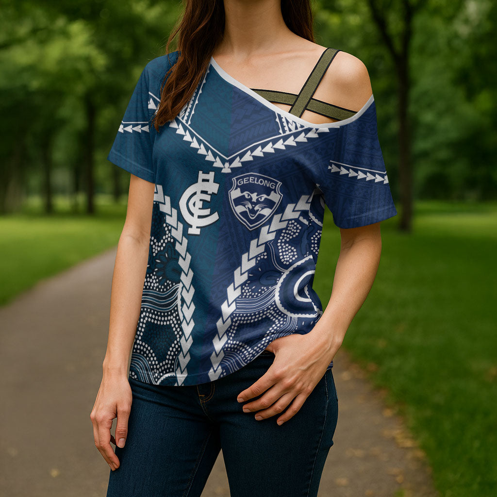 Custom Football Cats and Blues Cross Shoulder Shirt 2026 Together Aboriginal Polynesian Pattern
