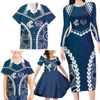 Custom Football Cats and Blues Family Matching Long Sleeve Bodycon Dress and Hawaiian Shirt 2026 Together Aboriginal Polynesian Pattern