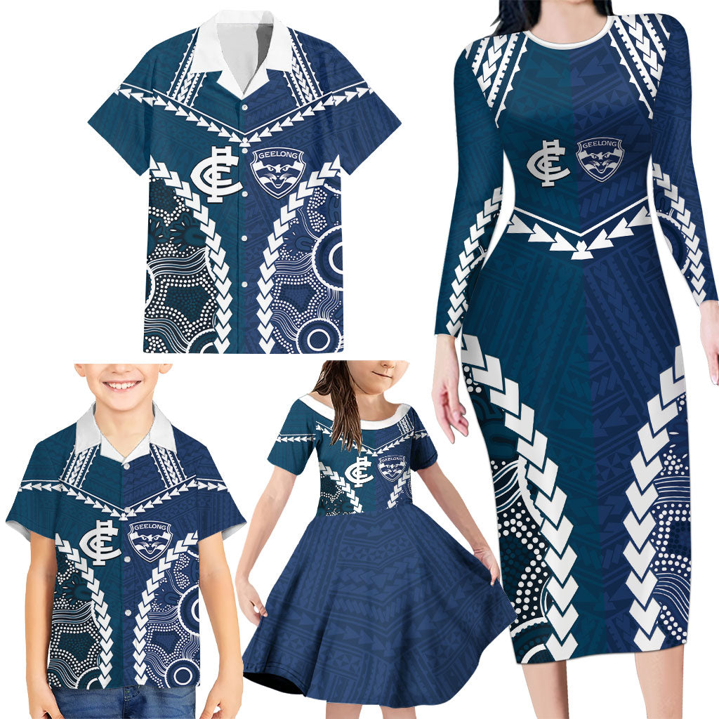 Custom Football Cats and Blues Family Matching Long Sleeve Bodycon Dress and Hawaiian Shirt 2026 Together Aboriginal Polynesian Pattern