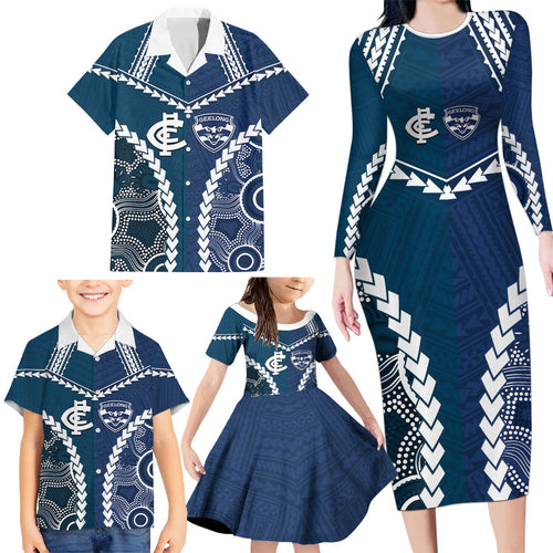 Custom Football Cats and Blues Family Matching Long Sleeve Bodycon Dress and Hawaiian Shirt 2026 Together Aboriginal Polynesian Pattern