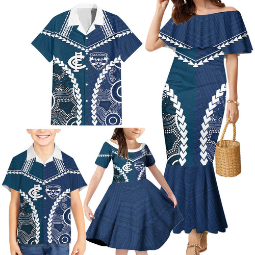 Custom Football Cats and Blues Family Matching Mermaid Dress and Hawaiian Shirt 2026 Together Aboriginal Polynesian Pattern