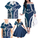 Custom Football Cats and Blues Family Matching Off The Shoulder Long Sleeve Dress and Hawaiian Shirt 2026 Together Aboriginal Polynesian Pattern