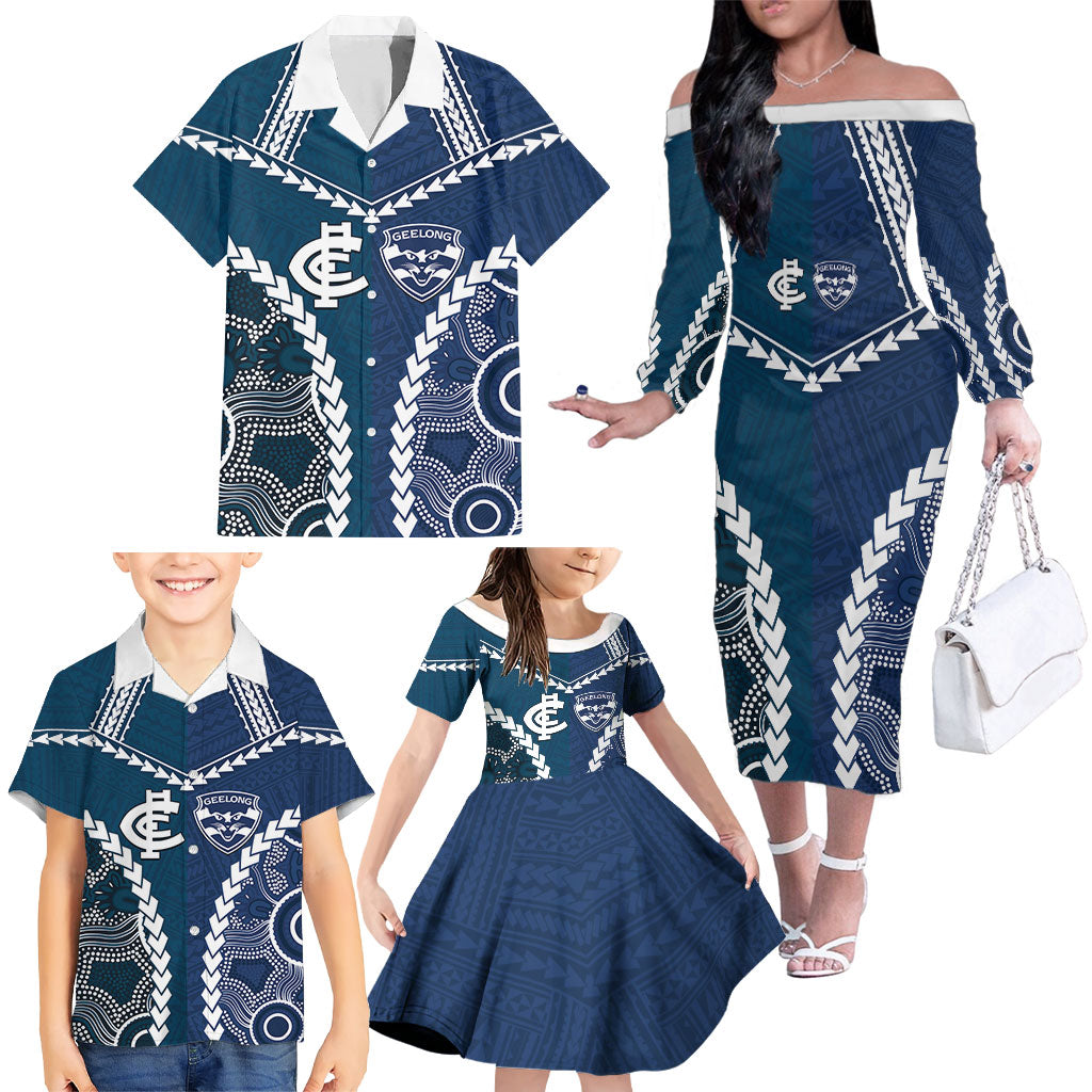 Custom Football Cats and Blues Family Matching Off The Shoulder Long Sleeve Dress and Hawaiian Shirt 2026 Together Aboriginal Polynesian Pattern