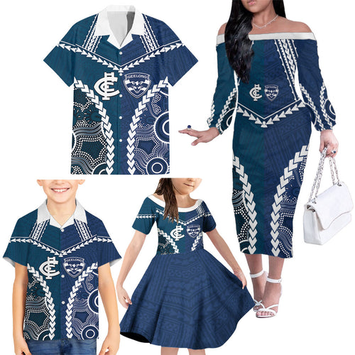 Custom Football Cats and Blues Family Matching Off The Shoulder Long Sleeve Dress and Hawaiian Shirt 2026 Together Aboriginal Polynesian Pattern