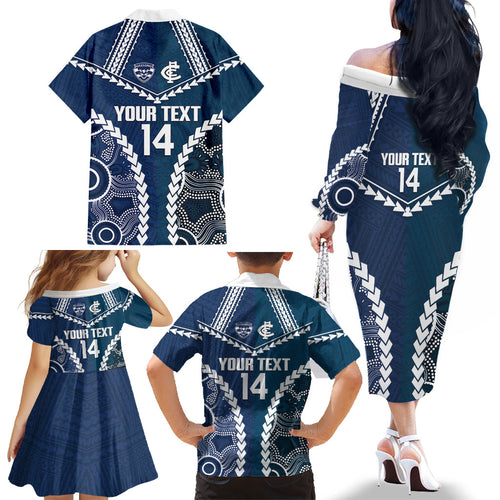 Custom Football Cats and Blues Family Matching Off The Shoulder Long Sleeve Dress and Hawaiian Shirt 2026 Together Aboriginal Polynesian Pattern