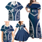 Custom Football Cats and Blues Family Matching Off Shoulder Maxi Dress and Hawaiian Shirt 2026 Together Aboriginal Polynesian Pattern