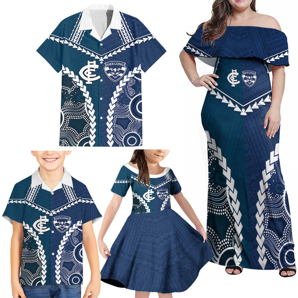 Custom Football Cats and Blues Family Matching Off Shoulder Maxi Dress and Hawaiian Shirt 2026 Together Aboriginal Polynesian Pattern