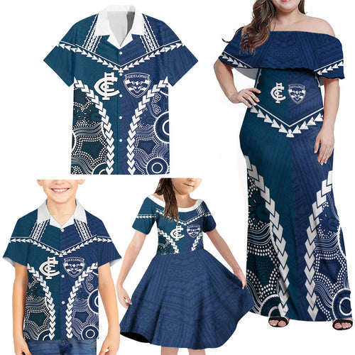 Custom Football Cats and Blues Family Matching Off Shoulder Maxi Dress and Hawaiian Shirt 2026 Together Aboriginal Polynesian Pattern