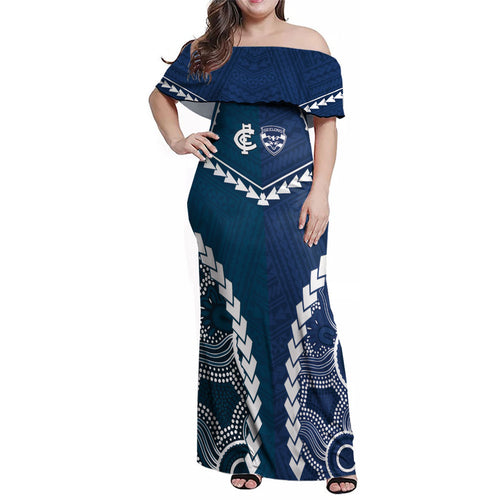 Custom Football Cats and Blues Family Matching Off Shoulder Maxi Dress and Hawaiian Shirt 2026 Together Aboriginal Polynesian Pattern