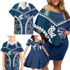 Custom Football Cats and Blues Family Matching Off Shoulder Short Dress and Hawaiian Shirt 2026 Together Aboriginal Polynesian Pattern