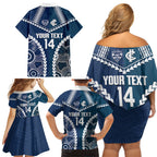Custom Football Cats and Blues Family Matching Off Shoulder Short Dress and Hawaiian Shirt 2026 Together Aboriginal Polynesian Pattern