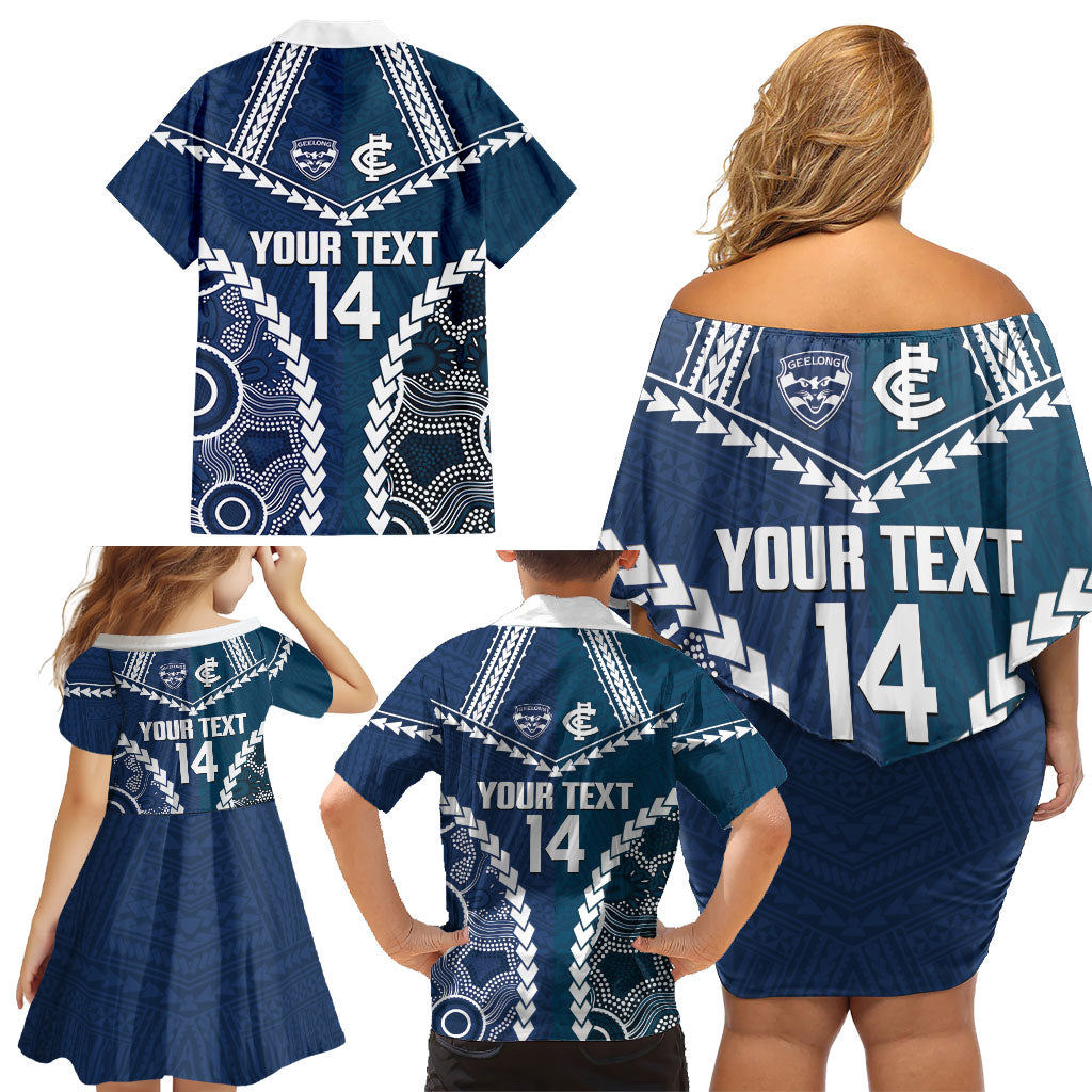 Custom Football Cats and Blues Family Matching Off Shoulder Short Dress and Hawaiian Shirt 2026 Together Aboriginal Polynesian Pattern