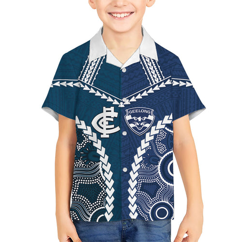 Custom Football Cats and Blues Family Matching Off Shoulder Short Dress and Hawaiian Shirt 2026 Together Aboriginal Polynesian Pattern