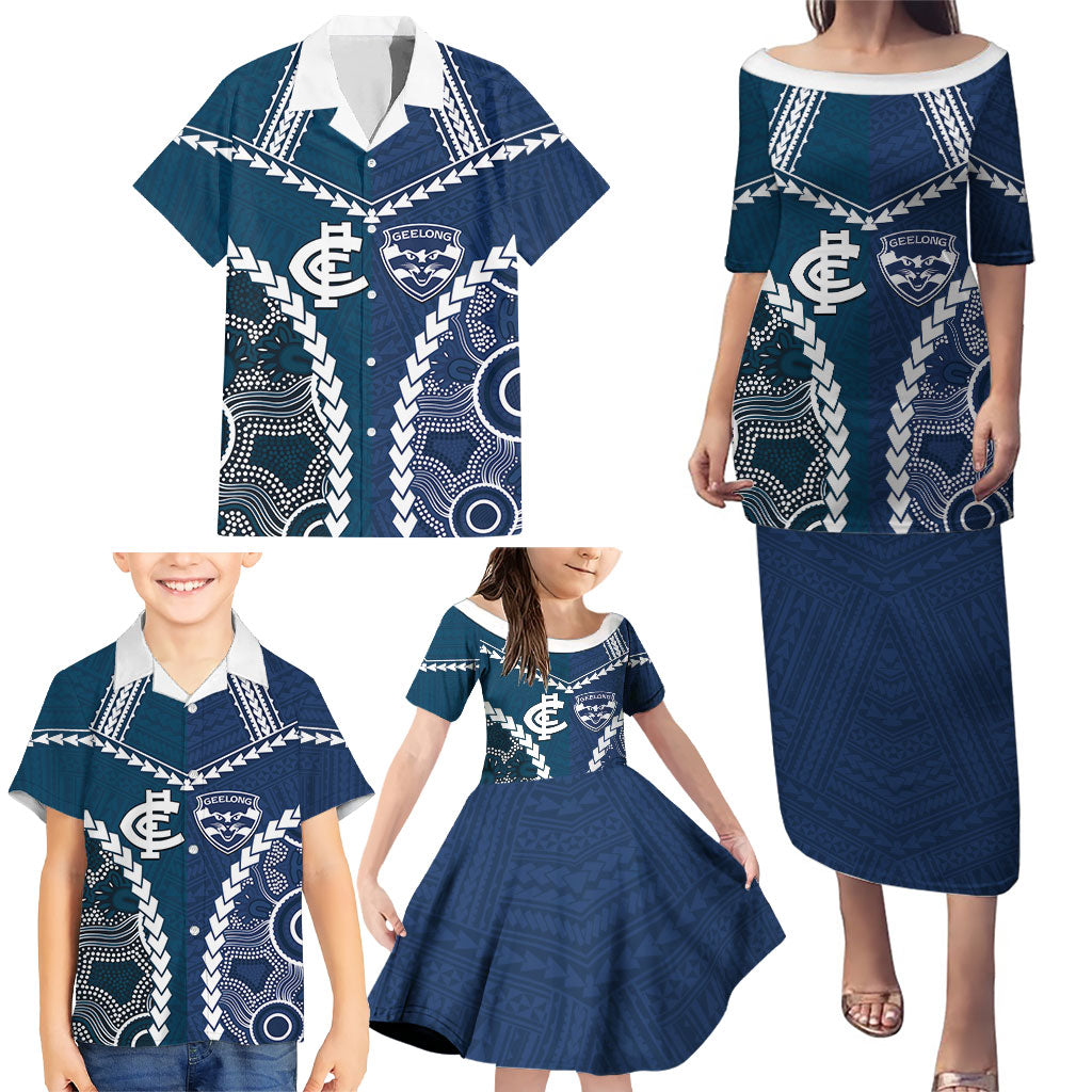 Custom Football Cats and Blues Family Matching Puletasi and Hawaiian Shirt 2026 Together Aboriginal Polynesian Pattern