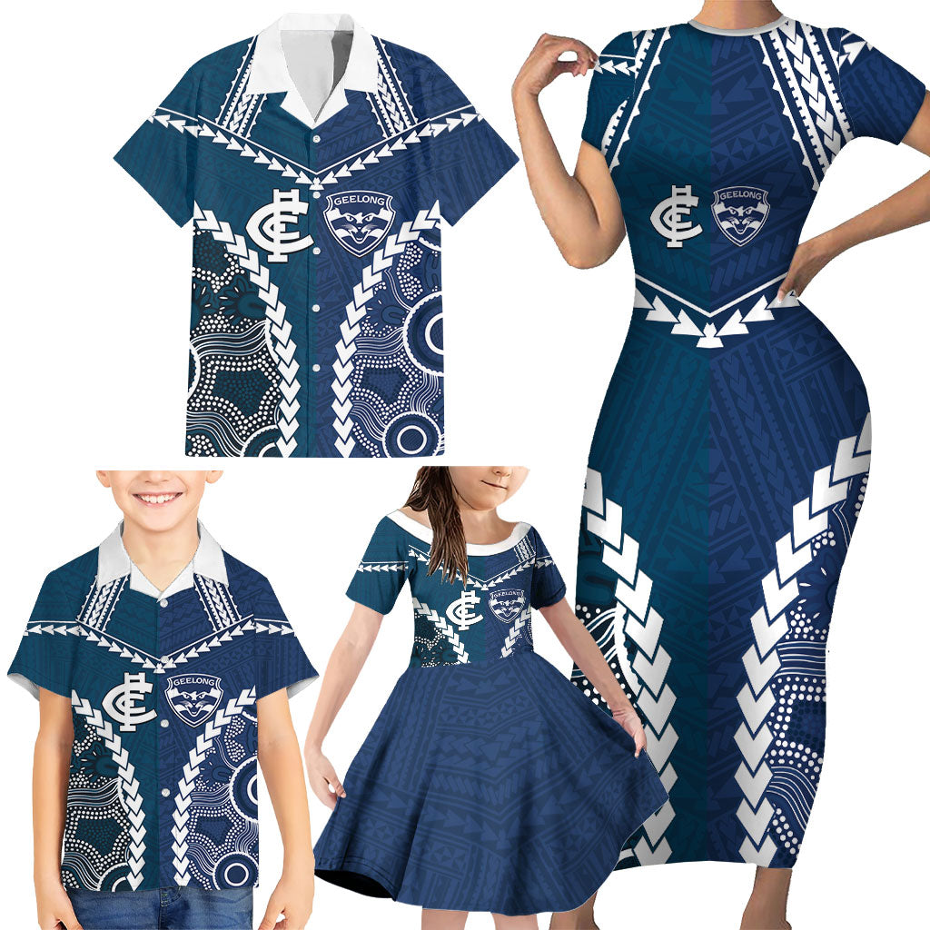 Custom Football Cats and Blues Family Matching Short Sleeve Bodycon Dress and Hawaiian Shirt 2026 Together Aboriginal Polynesian Pattern