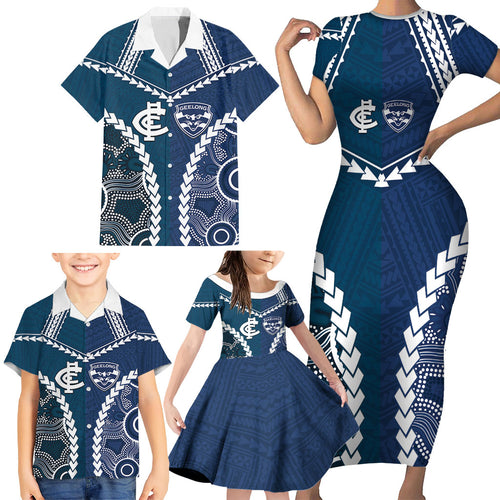 Custom Football Cats and Blues Family Matching Short Sleeve Bodycon Dress and Hawaiian Shirt 2026 Together Aboriginal Polynesian Pattern