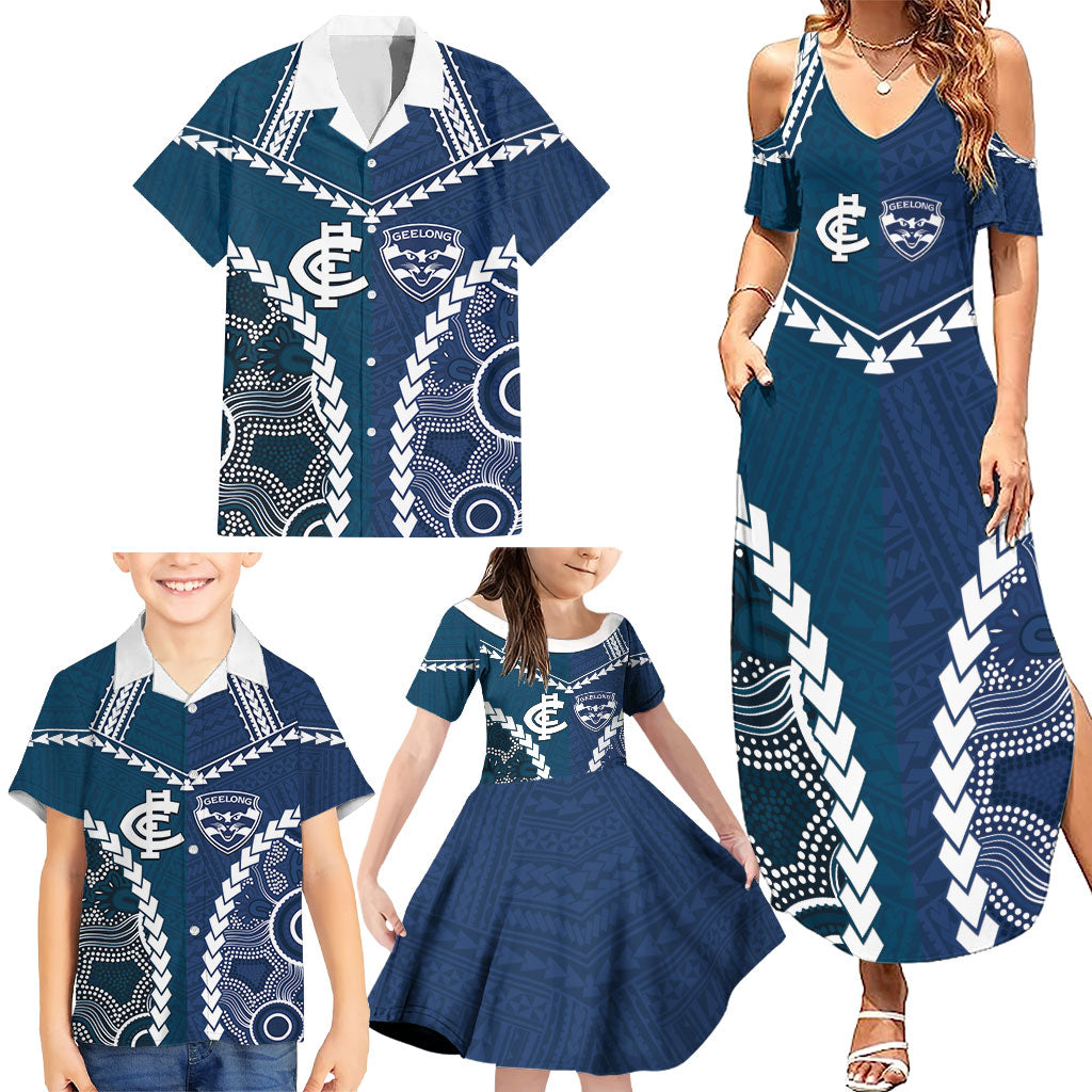Custom Football Cats and Blues Family Matching Summer Maxi Dress and Hawaiian Shirt 2026 Together Aboriginal Polynesian Pattern