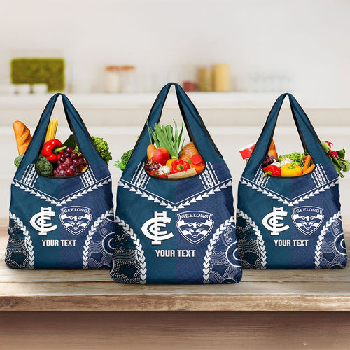 Custom Football Cats and Blues Grocery Bag 2026 Together Aboriginal Polynesian Pattern