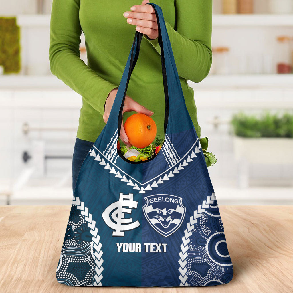 Custom Football Cats and Blues Grocery Bag 2026 Together Aboriginal Polynesian Pattern