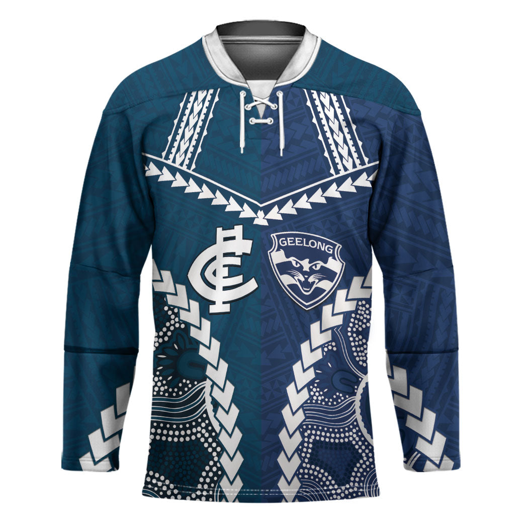 Custom Football Cats and Blues Hockey Jersey 2026 Together Aboriginal Polynesian Pattern
