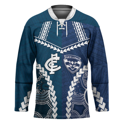 Custom Football Cats and Blues Hockey Jersey 2026 Together Aboriginal Polynesian Pattern