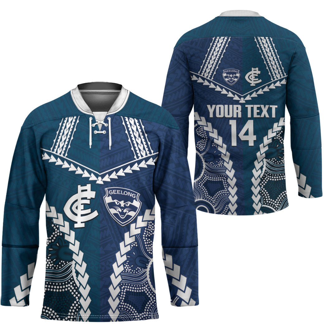 Custom Football Cats and Blues Hockey Jersey 2026 Together Aboriginal Polynesian Pattern