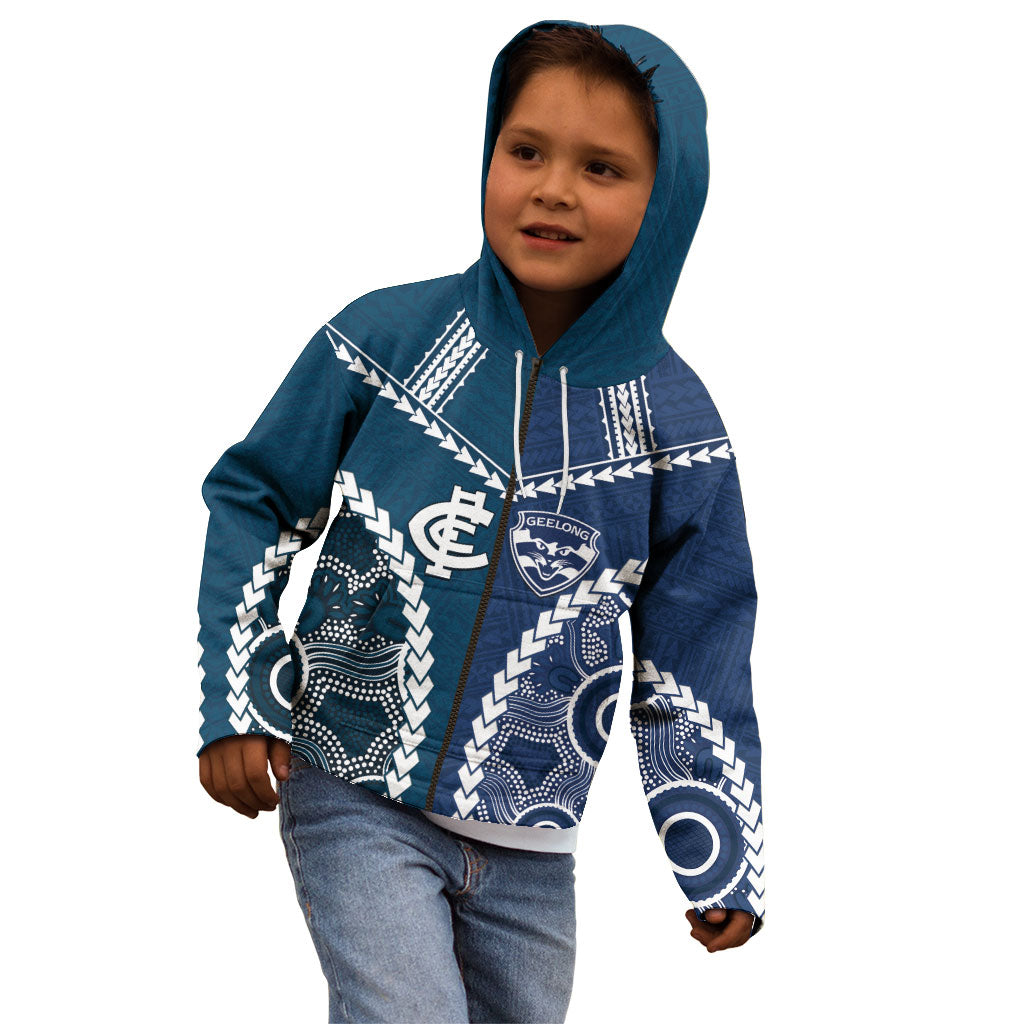 Custom Football Cats and Blues Kid Hoodie 2026 Together Aboriginal Polynesian Pattern