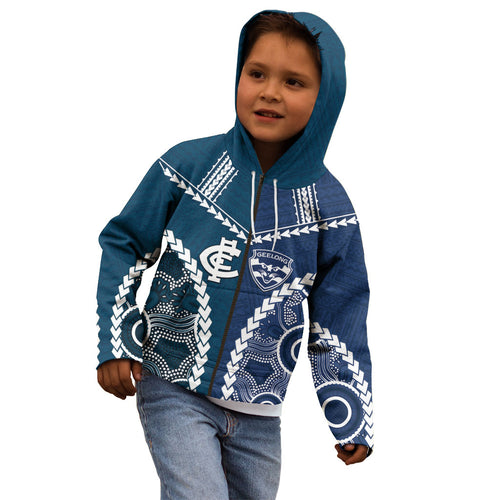 Custom Football Cats and Blues Kid Hoodie 2026 Together Aboriginal Polynesian Pattern