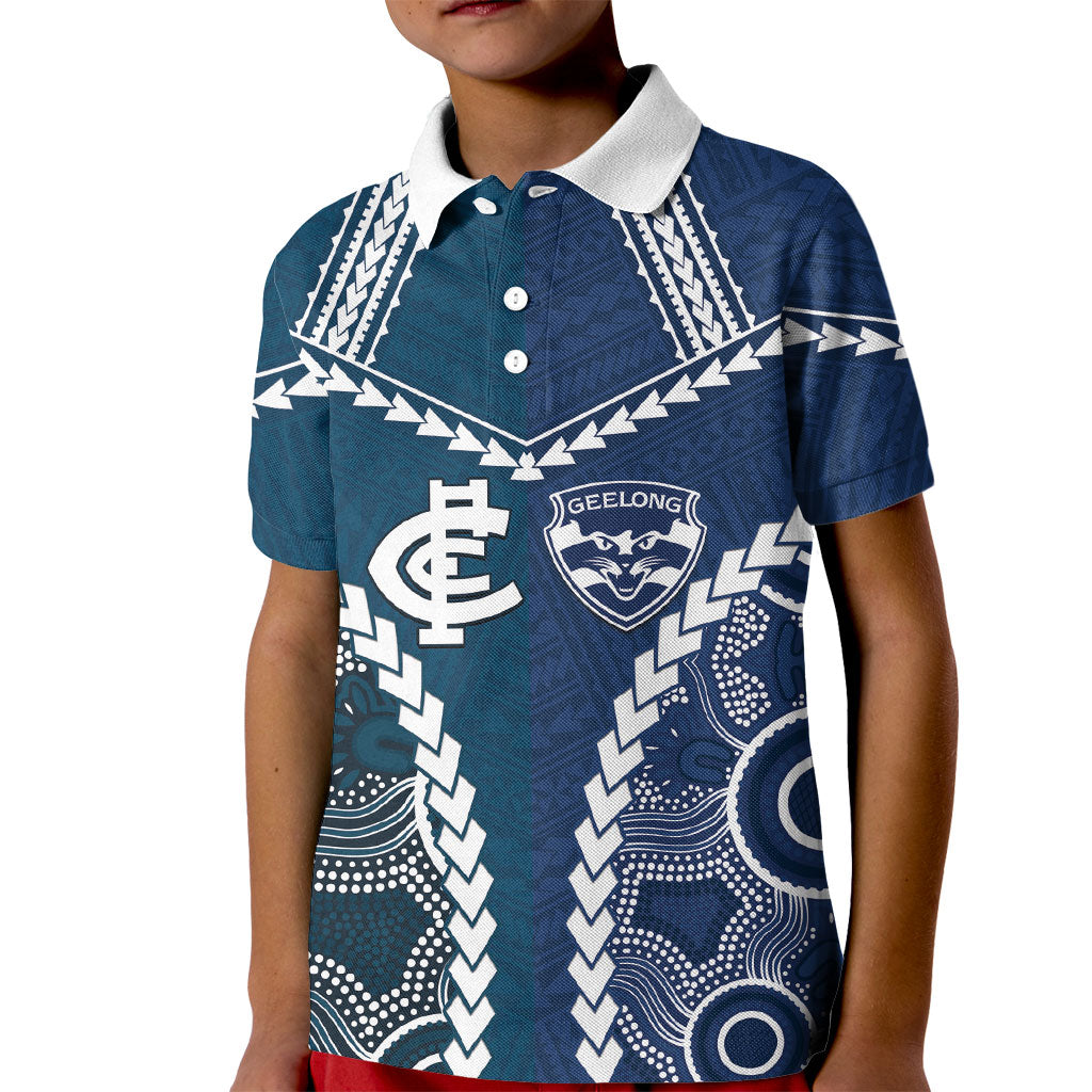 Custom Football Cats and Blues Kid Polo Shirt 2026 Together Aboriginal Polynesian Pattern
